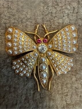 Gold-Tone Pearl & Crystal Butterfly Brooch - Pink Accent